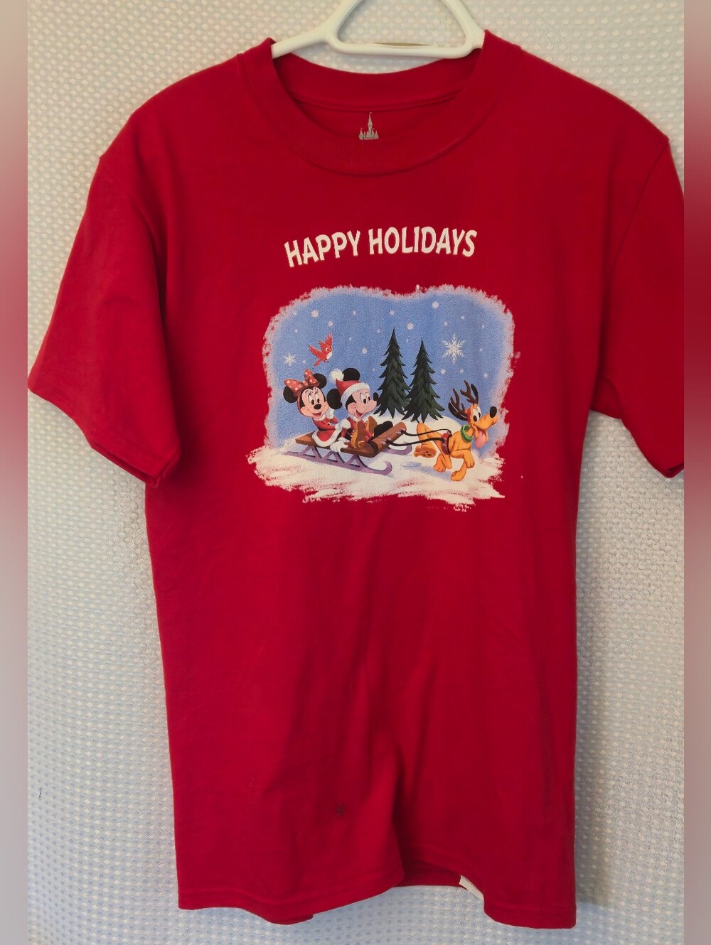 Disney Happy Holidays Red T Mickey, Minnie, Pluto Size S